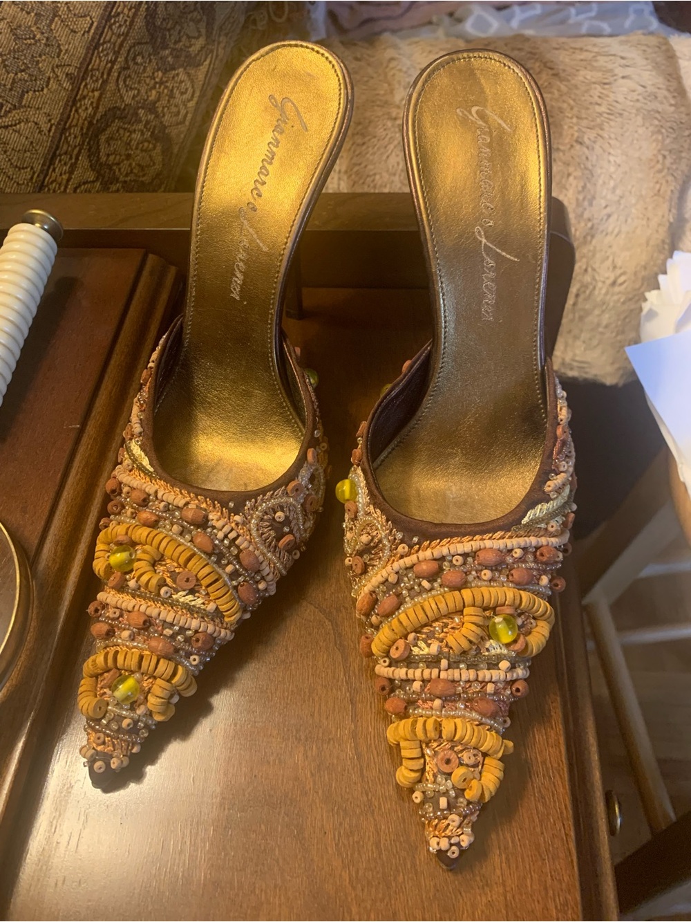 Gianmarco Lorenzi Beaded Pointed-Toe Mules in Orange brown and Yellow 37